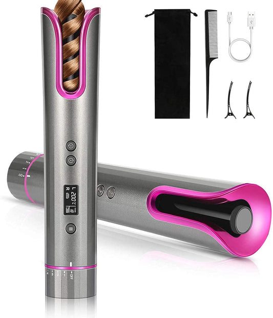 BlumWay Wireless Automatic Curling Iron, Wireless Curler Wireless Curling Iron USB Hair Curler with Scalding Protection, 4 Temperature 6 Time Settings LCD Display